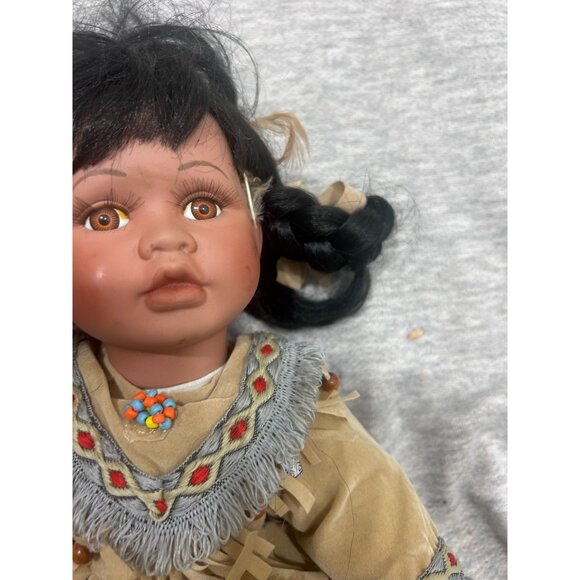 Cathy Collection Native American Porcelain Doll Black Hair Brown Dress - Picture 6 of 9